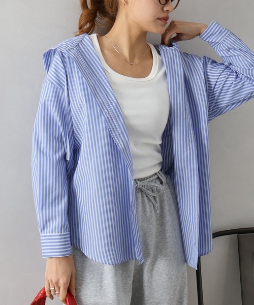 SpRay（スプレイ）の「ストライプフードシャツ（シャツ/ブラウス・レディース・イエロー/ネイビー/ピンク/サックスブルー・FREE）」の22枚目の写真