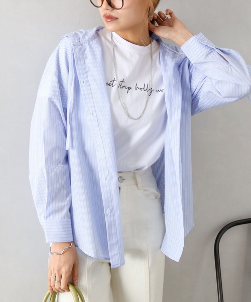 SpRay（スプレイ）の「ストライプフードシャツ（シャツ/ブラウス・レディース・イエロー/ネイビー/ピンク/サックスブルー・FREE）」の5枚目の写真