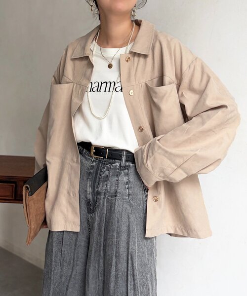 Chez toi(シェトワ)の「ショート丈シャツジャケット(テーラードジャケット・レディース・グリーン/ブラウン/ベージュ・FREE)」の3枚目の写真