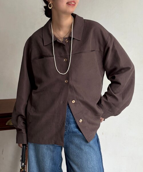Chez toi(シェトワ)の「ショート丈シャツジャケット(テーラードジャケット・レディース・グリーン/ブラウン/ベージュ・FREE)」の4枚目の写真