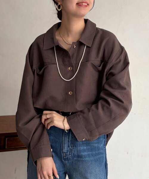 Chez toi(シェトワ)の「ショート丈シャツジャケット(テーラードジャケット・レディース・グリーン/ブラウン/ベージュ・FREE)」の5枚目の写真