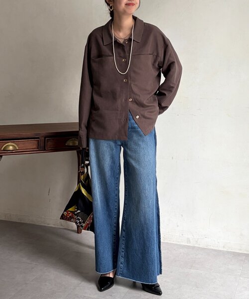 Chez toi(シェトワ)の「ショート丈シャツジャケット(テーラードジャケット・レディース・グリーン/ブラウン/ベージュ・FREE)」の8枚目の写真