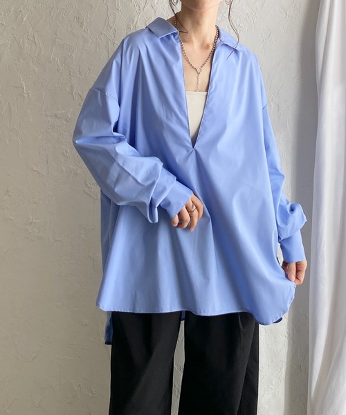She's Closet(シーズクローゼット)の「深Vネック長袖オーバーサイズ スキッパーシャツブラウス(シャツ/ブラウス・レディース・ホワイト/ストライプ/ブラック/ブルー・FREE)」の3枚目の写真
