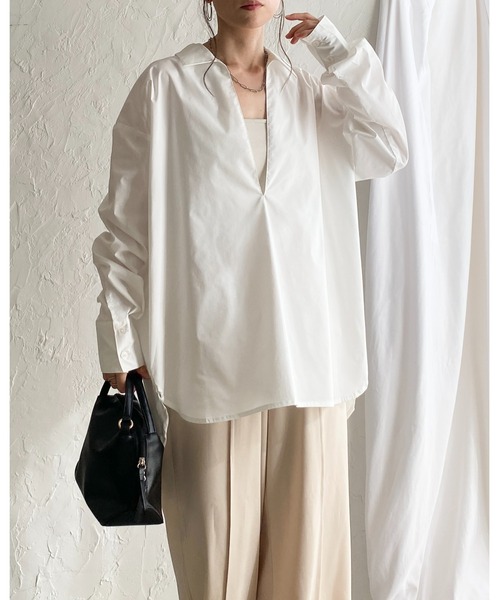 She's Closet(シーズクローゼット)の「深Vネック長袖オーバーサイズ スキッパーシャツブラウス(シャツ/ブラウス・レディース・ホワイト/ストライプ/ブラック/ブルー・FREE)」の9枚目の写真