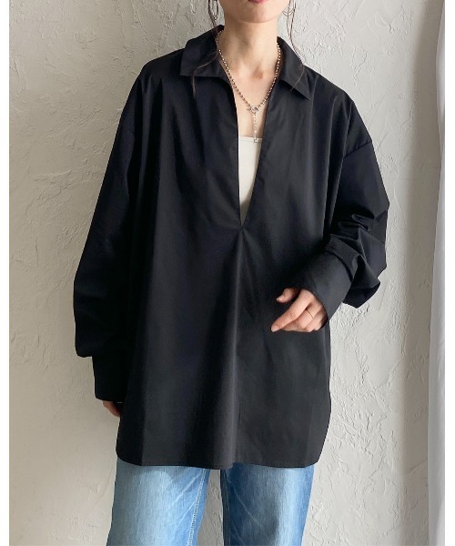 She's Closet(シーズクローゼット)の「深Vネック長袖オーバーサイズ スキッパーシャツブラウス(シャツ/ブラウス・レディース・ホワイト/ストライプ/ブラック/ブルー・FREE)」の12枚目の写真