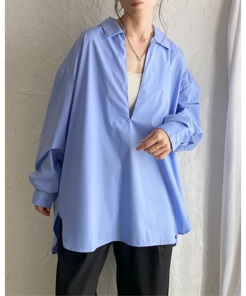 She's Closet(シーズクローゼット)の「深Vネック長袖オーバーサイズ スキッパーシャツブラウス(シャツ/ブラウス・レディース・ホワイト/ストライプ/ブラック/ブルー・FREE)」の14枚目の写真