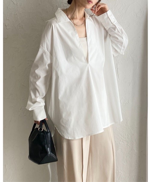 She's Closet(シーズクローゼット)の「深Vネック長袖オーバーサイズ スキッパーシャツブラウス(シャツ/ブラウス・レディース・ホワイト/ストライプ/ブラック/ブルー・FREE)」の5枚目の写真