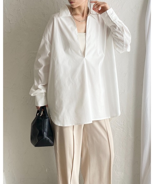 She's Closet(シーズクローゼット)の「深Vネック長袖オーバーサイズ スキッパーシャツブラウス(シャツ/ブラウス・レディース・ホワイト/ストライプ/ブラック/ブルー・FREE)」の6枚目の写真