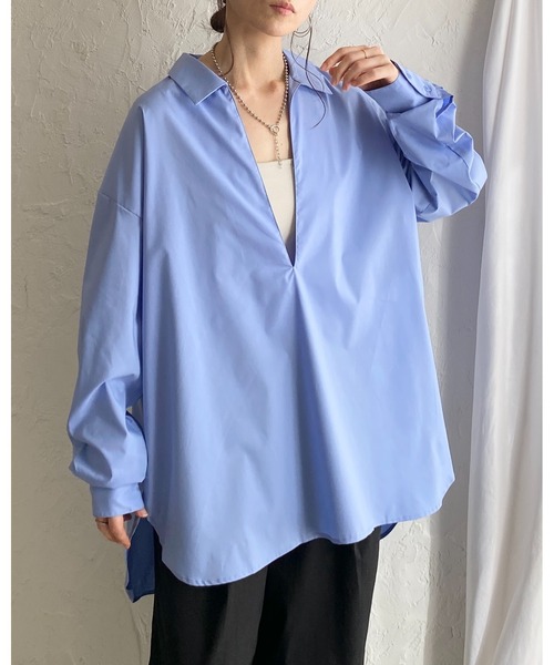 She's Closet(シーズクローゼット)の「深Vネック長袖オーバーサイズ スキッパーシャツブラウス(シャツ/ブラウス・レディース・ホワイト/ストライプ/ブラック/ブルー・FREE)」の7枚目の写真