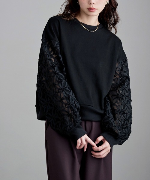 etoll.（エトル）の「フラワーチュール袖ドッキングPO（スウェット・レディース・ブラック/オフホワイト・M）」の2枚目の写真