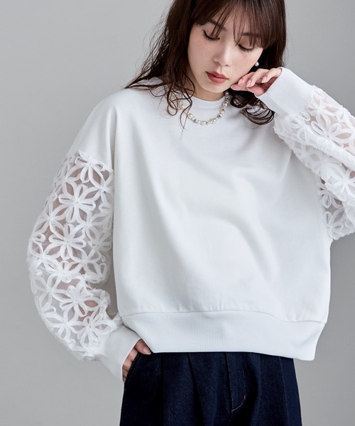 etoll.（エトル）の「フラワーチュール袖ドッキングPO（スウェット・レディース・ブラック/オフホワイト・M）」の5枚目の写真