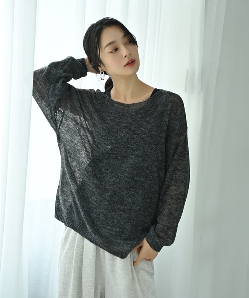 STYLE DELI(スタイルデリ)の「【BLK001】透かしモヘアプチボートネックプルオーバー(ニット/セーター・レディース・イエロー/チャコール/アイボリー・FREE)」の4枚目の写真