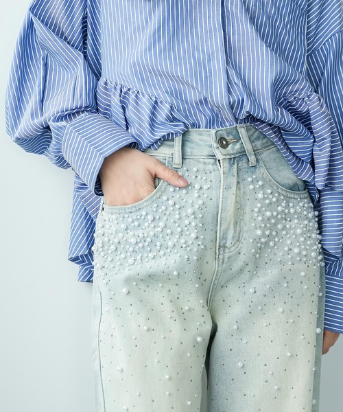 mili an deni(ミリアンデニ)の「パール付きデニムパンツ(デニムパンツ・レディース・ブラック/サックスブルー/ブルー・M)」の4枚目の写真