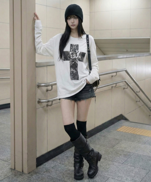 GRAVER（グレーバー）の「[ユニセックス]エンジェルクロス ロングスリーブTシャツ_3カラー（Tシャツ/カットソー・レディース・ブラック/チャコールグレー/ホワイト・MEDIUM/LARGE）」の4枚目の写真