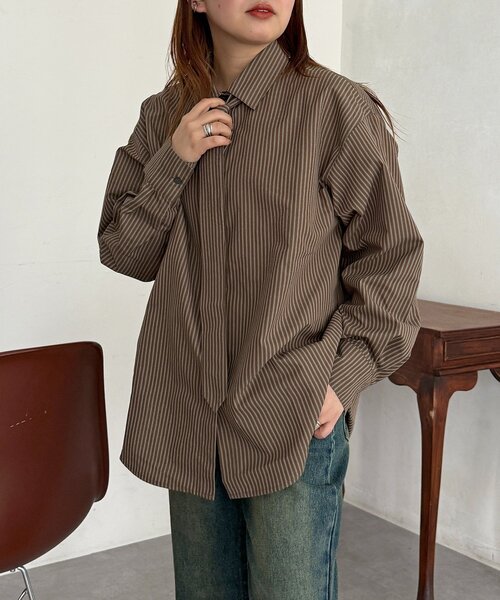 CPCM（シーピーシーエム）の「ストライプ柄タイ付ルーズシャツ（シャツ/ブラウス・レディース・ブラウン/サックスブルー・FREE）」の5枚目の写真