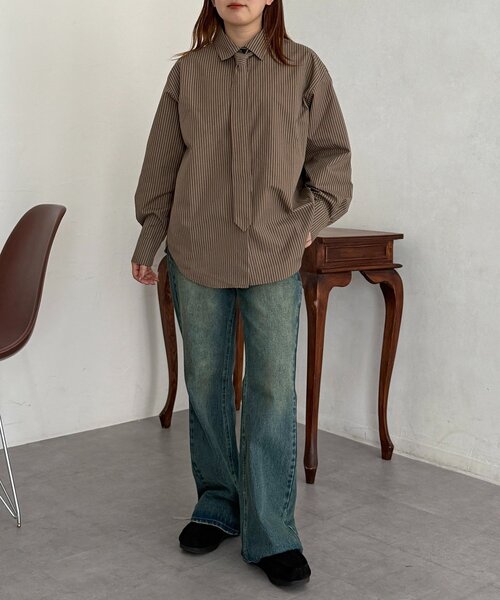 CPCM（シーピーシーエム）の「ストライプ柄タイ付ルーズシャツ（シャツ/ブラウス・レディース・ブラウン/サックスブルー・FREE）」の9枚目の写真