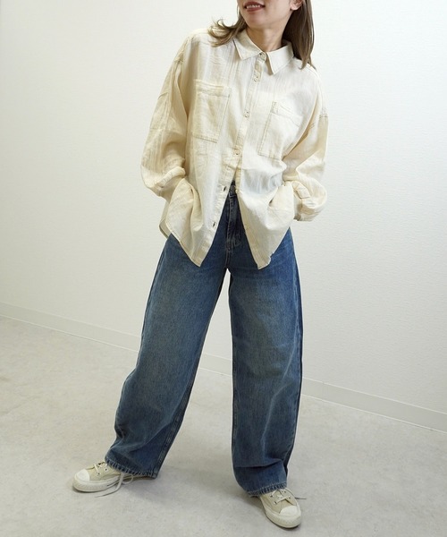 gossara(ゴサラ)の「2.2オンスデニムリブ袖シャツ(シャツ/ブラウス・レディース・ライトベージュ/ブラック/ブルー・FREE)」の5枚目の写真