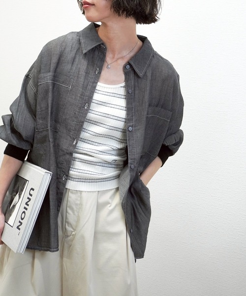 gossara(ゴサラ)の「2.2オンスデニムリブ袖シャツ(シャツ/ブラウス・レディース・ライトベージュ/ブラック/ブルー・FREE)」の9枚目の写真