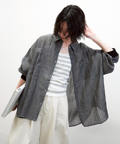 gossara(ゴサラ)の「2.2オンスデニムリブ袖シャツ(シャツ/ブラウス・レディース・ライトベージュ/ブラック/ブルー・FREE)」の10枚目の写真