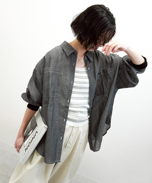 gossara(ゴサラ)の「2.2オンスデニムリブ袖シャツ(シャツ/ブラウス・レディース・ライトベージュ/ブラック/ブルー・FREE)」の12枚目の写真