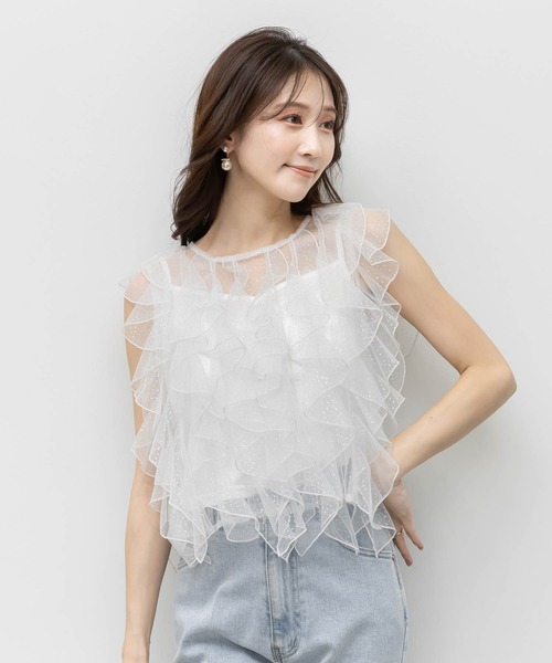 RANDA（ランダ）の「ラメドットチュールフリルブラウス（シャツ/ブラウス・レディース・グレー/ピンク/ホワイト・FREE）」の2枚目の写真