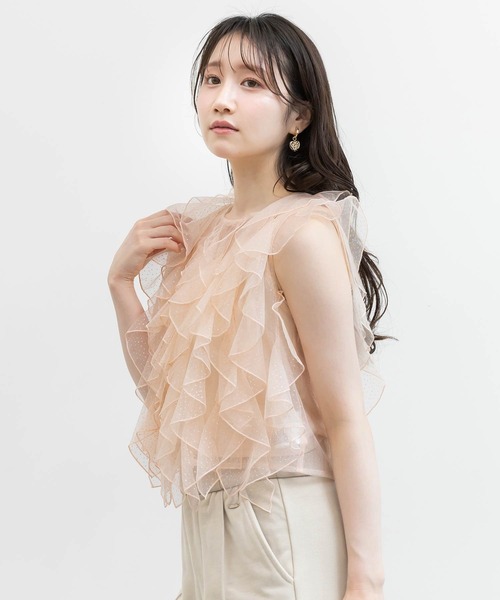 RANDA（ランダ）の「ラメドットチュールフリルブラウス（シャツ/ブラウス・レディース・グレー/ピンク/ホワイト・FREE）」の3枚目の写真