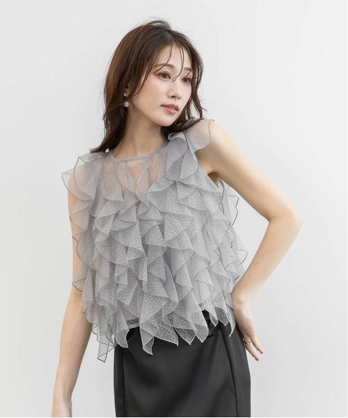 RANDA（ランダ）の「ラメドットチュールフリルブラウス（シャツ/ブラウス・レディース・グレー/ピンク/ホワイト・FREE）」の4枚目の写真