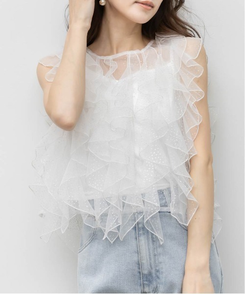 RANDA（ランダ）の「ラメドットチュールフリルブラウス（シャツ/ブラウス・レディース・グレー/ピンク/ホワイト・FREE）」の8枚目の写真