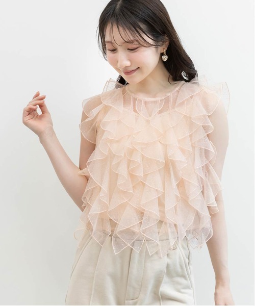 RANDA（ランダ）の「ラメドットチュールフリルブラウス（シャツ/ブラウス・レディース・グレー/ピンク/ホワイト・FREE）」の10枚目の写真
