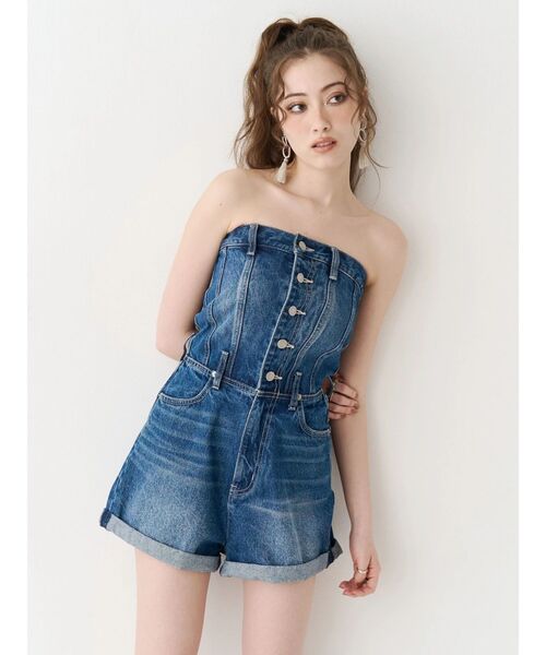 EVRIS（エヴリス）の「デニムベアロンパース　夏服（ワンピース・レディース・ライトブルー/インディゴブルー・MEDIUM/SMALL）」の2枚目の写真