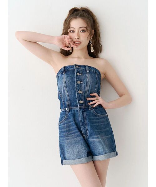 EVRIS（エヴリス）の「デニムベアロンパース　夏服（ワンピース・レディース・ライトブルー/インディゴブルー・MEDIUM/SMALL）」の3枚目の写真