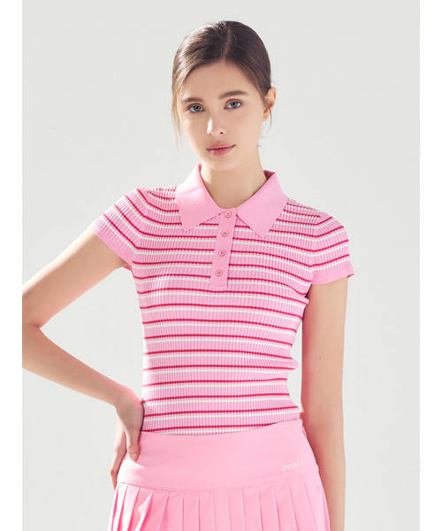 LORDLOAR(ロードロアル)の「ストライプスリムカラー ニット PINK(ニット/セーター・レディース・その他・SMALL/MEDIUM/LARGE)」の2枚目の写真