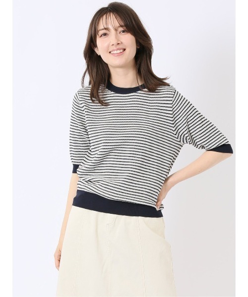 m.f.editorial(エムエフエディトリアル)の「【ストレッチ 接触冷感 UVカット 毛玉防止 ウォッシャブル】m.f.エディトリアル レディース 快適 ラーベン柄 クルー 半袖 サマー ニット プルオーバー(ニット/セーター・レディース・ターコイズブルー/アイボリー・MEDIUM/LARGE)」の2枚目の写真