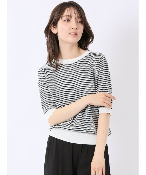 m.f.editorial(エムエフエディトリアル)の「【ストレッチ 接触冷感 UVカット 毛玉防止 ウォッシャブル】m.f.エディトリアル レディース 快適 ラーベン柄 クルー 半袖 サマー ニット プルオーバー(ニット/セーター・レディース・ターコイズブルー/アイボリー・MEDIUM/LARGE)」の1枚目の写真
