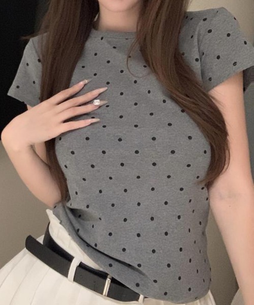 mielu(ミエル)の「半袖ドットTシャツ(Tシャツ/カットソー・レディース・グレー/ホワイト・FREE)」の1枚目の写真