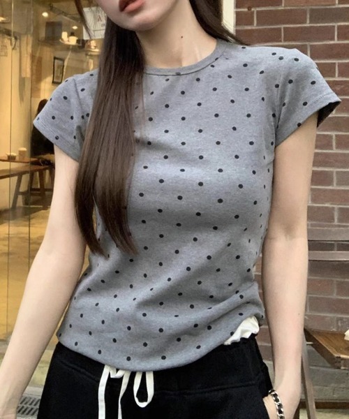 mielu(ミエル)の「半袖ドットTシャツ(Tシャツ/カットソー・レディース・グレー/ホワイト・FREE)」の3枚目の写真
