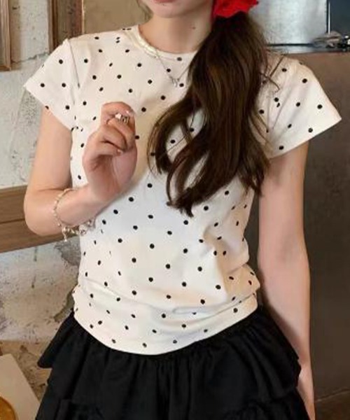 mielu(ミエル)の「半袖ドットTシャツ(Tシャツ/カットソー・レディース・グレー/ホワイト・FREE)」の8枚目の写真
