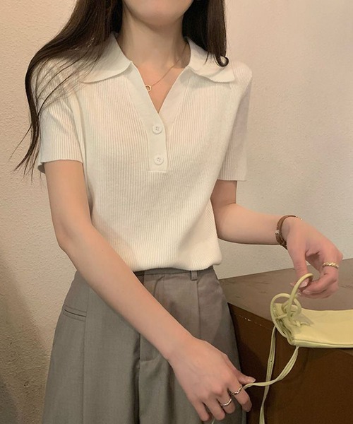 Girly Doll（ガーリードール）の「Vネックポロカラー半袖ニット（シャツ/ブラウス・レディース・オフホワイト/モカ/ブラック・FREE）」の13枚目の写真