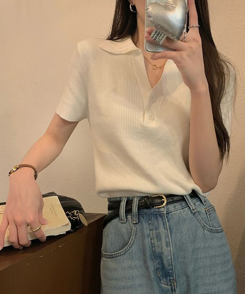 Girly Doll（ガーリードール）の「Vネックポロカラー半袖ニット（シャツ/ブラウス・レディース・オフホワイト/モカ/ブラック・FREE）」の11枚目の写真