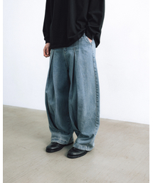 ANGLAN | Long Tuck Wing Balloon Denim Pants - Washed Blue(デニムパンツ)
