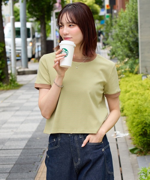 ABYS（アビス）の「【1枚で着映え】配色ボーダーリンガーTシャツ（Tシャツ/カットソー・レディース・グリーン系その他/ピンク/ブラウン・FREE）」の3枚目の写真