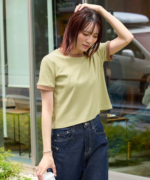 ABYS（アビス）の「【1枚で着映え】配色ボーダーリンガーTシャツ（Tシャツ/カットソー・レディース・グリーン系その他/ピンク/ブラウン・FREE）」の4枚目の写真