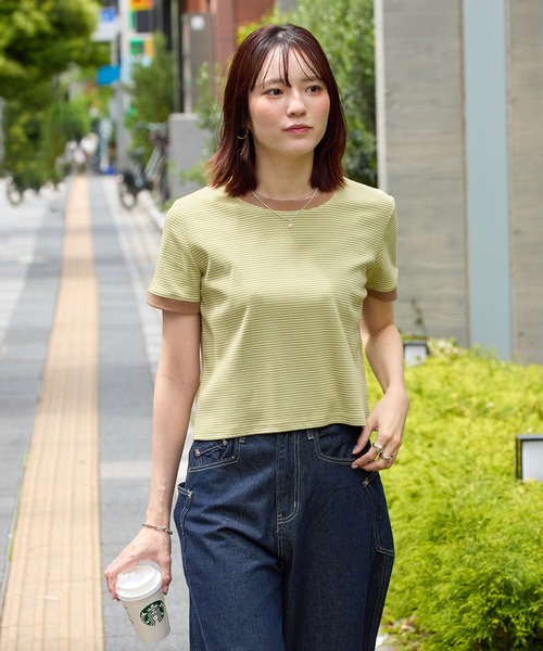 ABYS（アビス）の「【1枚で着映え】配色ボーダーリンガーTシャツ（Tシャツ/カットソー・レディース・グリーン系その他/ピンク/ブラウン・FREE）」の6枚目の写真