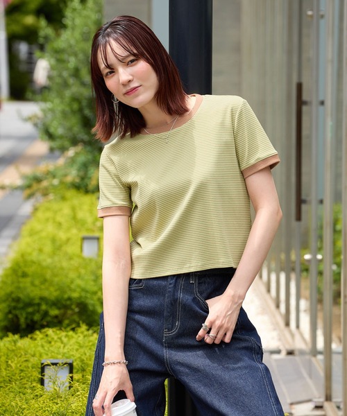 ABYS（アビス）の「【1枚で着映え】配色ボーダーリンガーTシャツ（Tシャツ/カットソー・レディース・グリーン系その他/ピンク/ブラウン・FREE）」の8枚目の写真