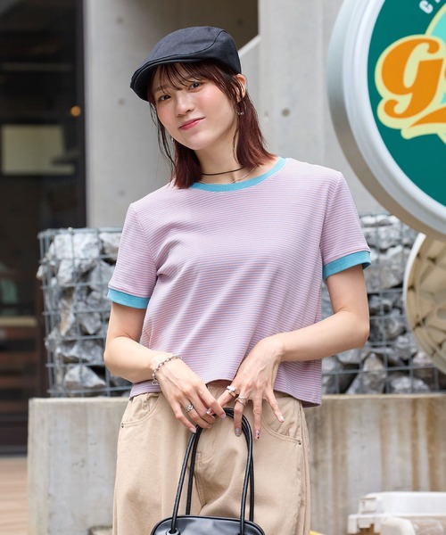 ABYS（アビス）の「【1枚で着映え】配色ボーダーリンガーTシャツ（Tシャツ/カットソー・レディース・グリーン系その他/ピンク/ブラウン・FREE）」の17枚目の写真