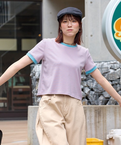 ABYS（アビス）の「【1枚で着映え】配色ボーダーリンガーTシャツ（Tシャツ/カットソー・レディース・グリーン系その他/ピンク/ブラウン・FREE）」の19枚目の写真