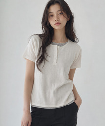 ソフトレイヤードヘンリーネック半袖Tシャツクリーム