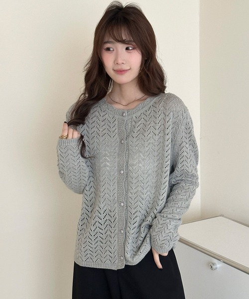 DAY CLOSET(デイ クローゼット)の「【ミドル丈/開襟タイプ】長袖 透かし編み レース サマーニット カーディガン レディース(カーディガン/ボレロ・レディース・ライトブルー/ライム/ライトグレー/アイボリー/グリーン・FREE)」の19枚目の写真