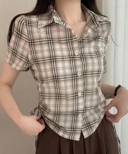 HAILY(ヘイリー)の「サイドドローストリングチェック柄半袖シャツ(シャツ/ブラウス・レディース・ホワイト/ブラック/ベージュ/ネイビー・FREE)」の3枚目の写真