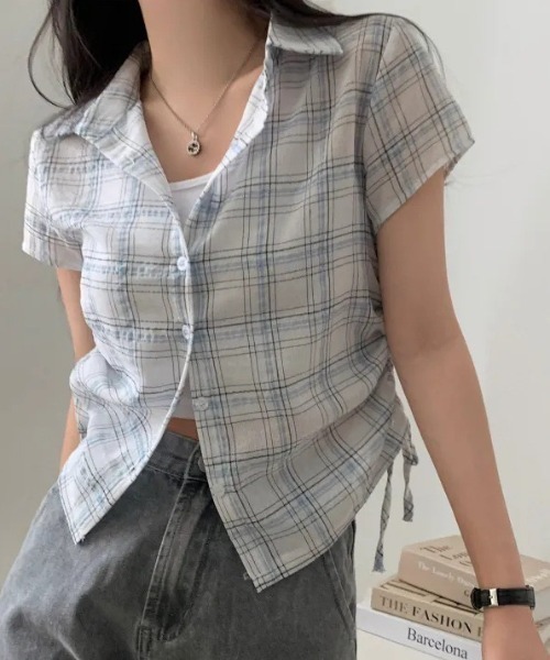 HAILY(ヘイリー)の「サイドドローストリングチェック柄半袖シャツ(シャツ/ブラウス・レディース・ホワイト/ブラック/ベージュ/ネイビー・FREE)」の22枚目の写真